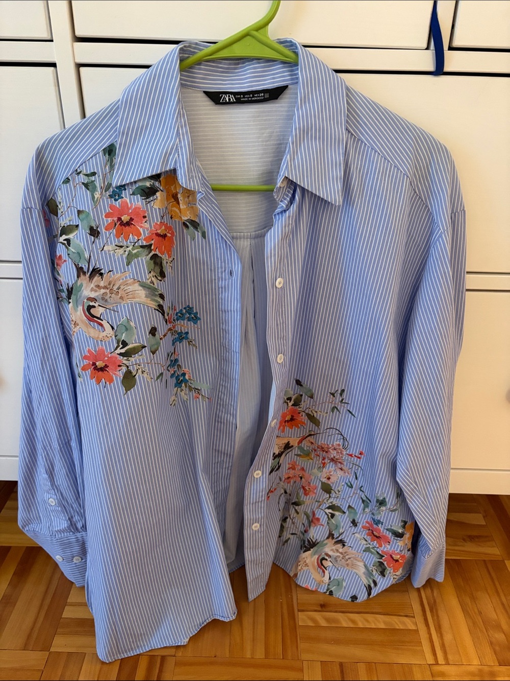 Zara Light Blue Pinstripe Shirt with Multicolor Floral Embroidery